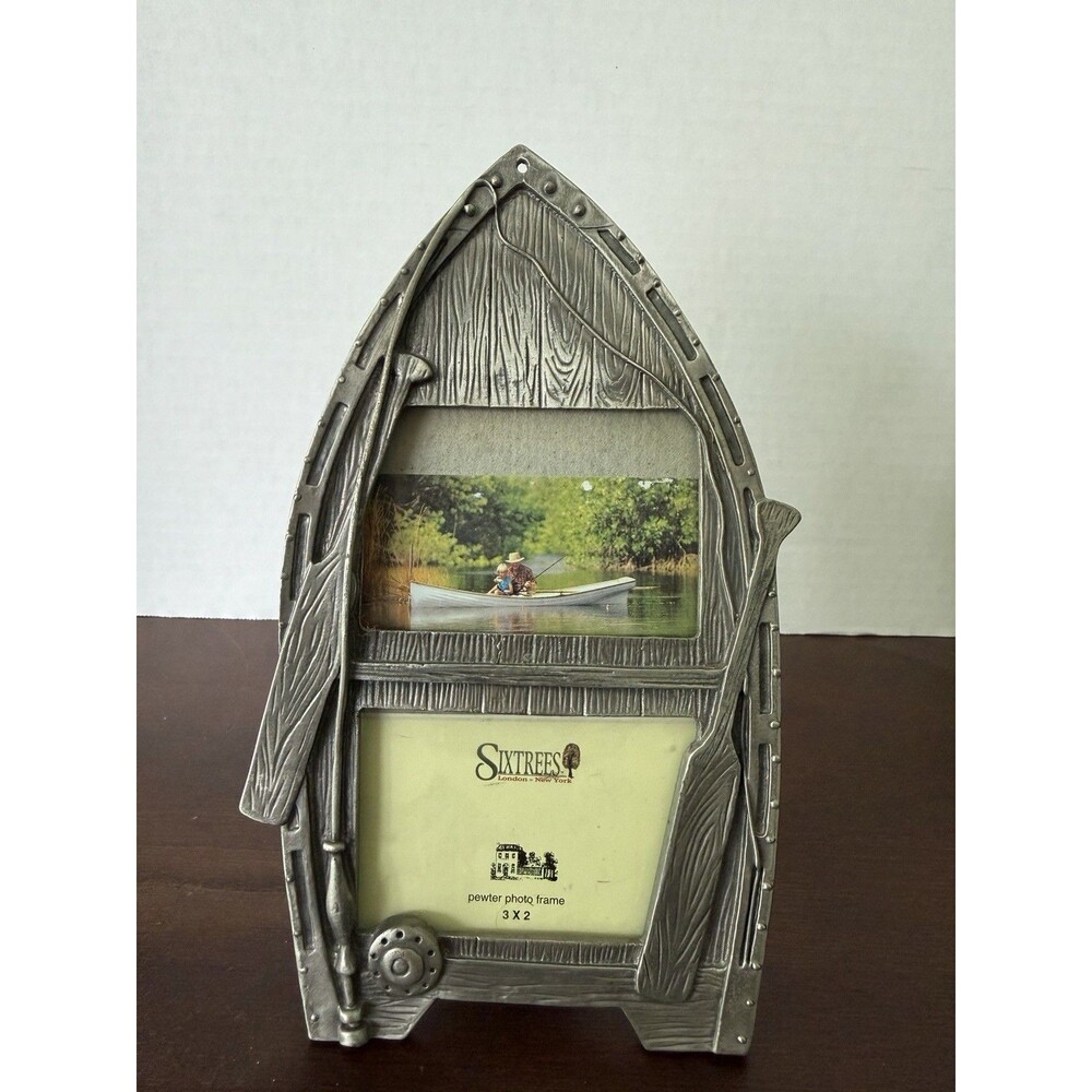 Vtg Sixtrees Pewter Rowboat Fishing Photo Frame Double 3x2 1999 Nautical Decor